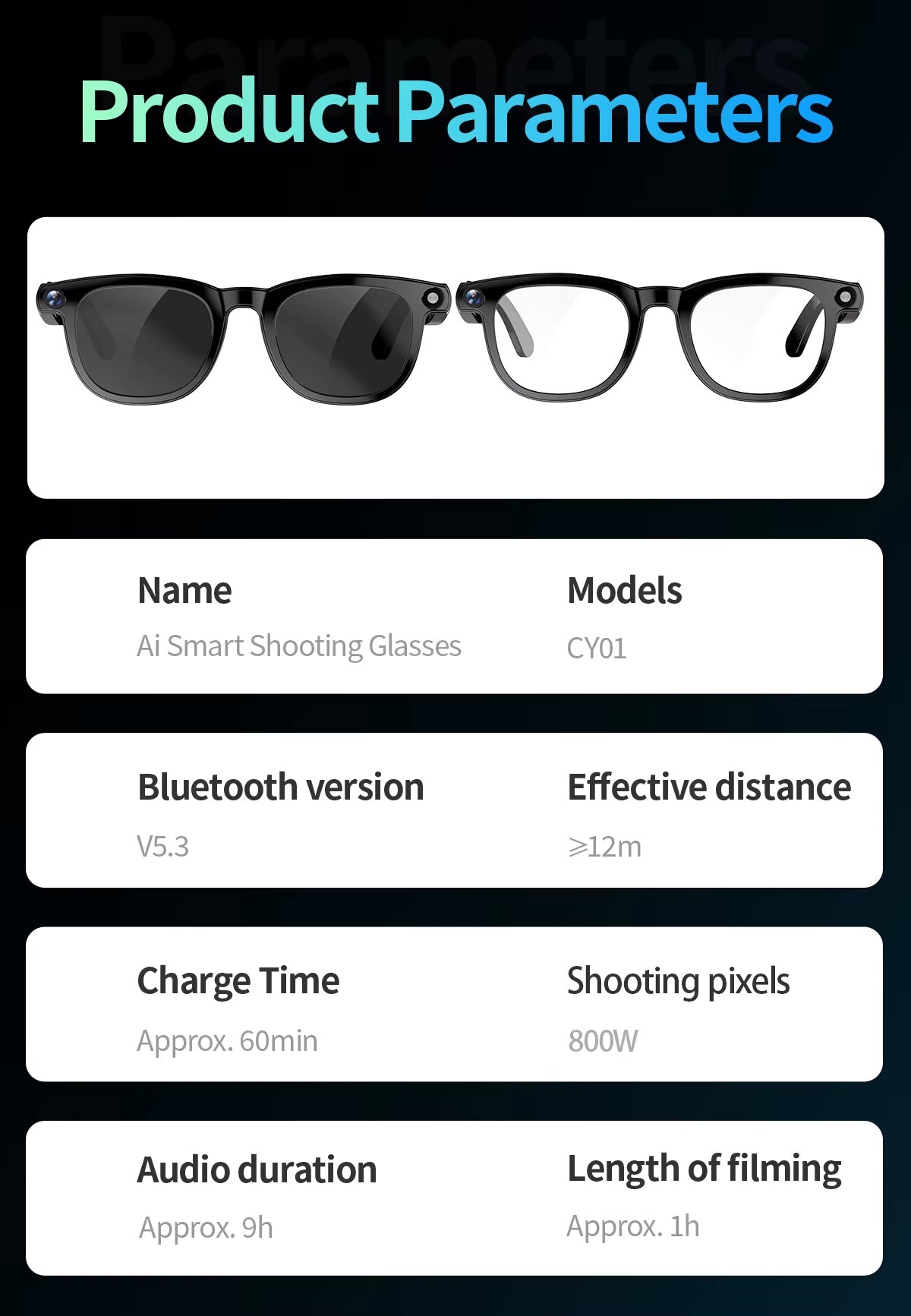 Smart Sunglasses (Photo + Video Recording Eye Glasses w/ AI Translator Audio)