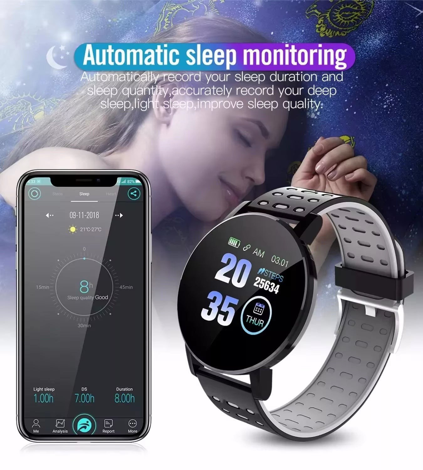 Smart Sport Watch for Men + Women (Tracks Blood Pressure, Heart Rate, Pedometer, Thermometer, Remote Control Answer Call Functions)