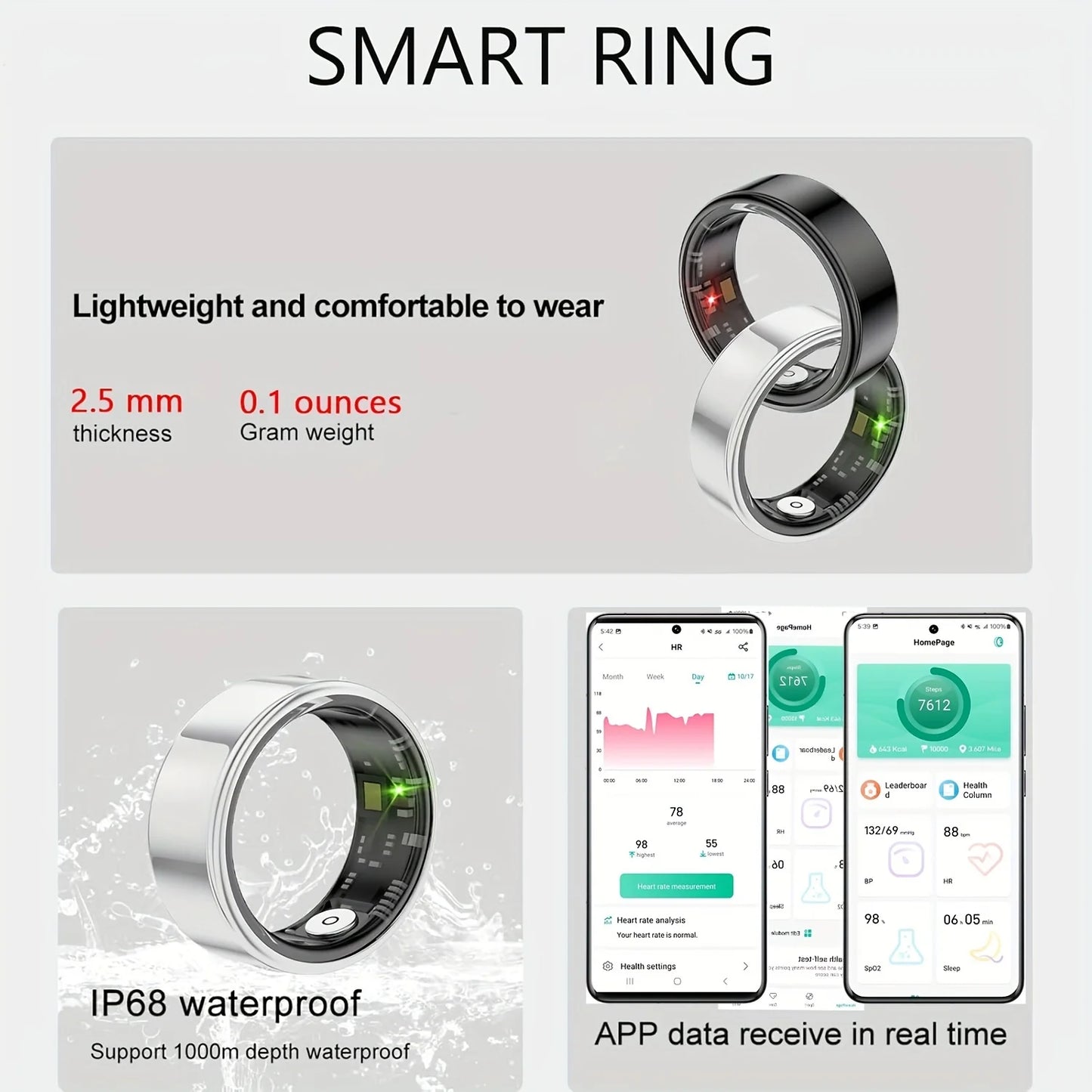 Smart Ring (sleep tracking, motion monitoring, compatible with iPhone and Android, smart gift, suitable for women and men)